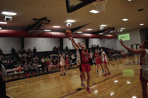 Konawa Lady Tiger Bridgett Arms goes in for the layup Thursday night at Vanoss. Staff Photo by Andy Wilson