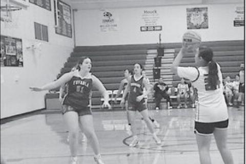 Varnum Lady Whippet Kalea Miller takes a shot from three-point range during Monday’s scrimmage. Staff Photo by Bill Anderson