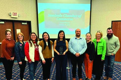 Impact Seminole was honored by the Seminole Chamber of Commerce with the “Up and Coming” Award. Pictured l-r are Whitney Robertson, Amanda Kuehner, Laura Allison, Emily Payne, Jenna Geoghegan, Adam Baker, Jacee James, Heather James and Tyler Geohagan.