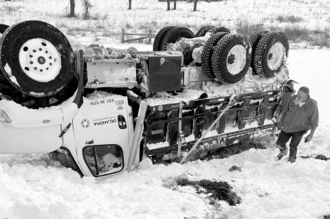 An Oklahoma Department of Transportation truck wound up in a ditch along Highway 9 early last week as a snowstorm crippled motorists and canceled classes across Seminole County. The accident occurred about one mile west of Seminole High School. The snow i