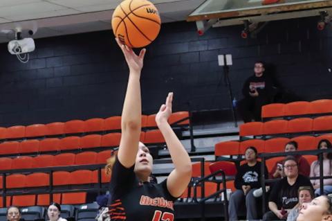 Wewoka Lady Tiger Leilani Scott puts up a shot in the lane for the Tigers. The Lady Tigers won 61-22 over Wilson. Courtesy Photo by Glen Bryan