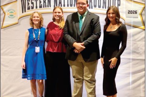 Above, Konawa 4-H students Ella Allen, Chloe Hill, Schuyler Hill and Huey Glasgow represented Seminole County at the National Western Roundup in Denver, where they competed in a national public speaking contest. While in Denver, the group also participate