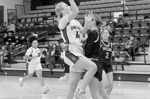 Seminole Lady Chieftain Ryeley Stanfill goes into the lane to put up a shot. Courtesy photo by Glen Bryan