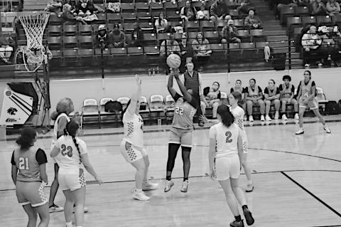 New Lima Falconette Aubriana Washington takes the shot from the paint Monday. New Lima lost 35-59 to Paden. Staff Photo by Bill Anderson