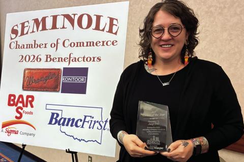 Seminole resident Jacqi Dill was honored as the “Person of The Year” at the Seminole Chamber of Commerce annual banquet held Tuesday, Feb. 24 at the Enoch Kelly Haney Center on the SSC campus. —Staff Photo by Bob Melton