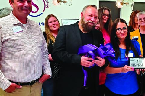 Left, ribbon-cutting ceremonies were held Thursday at Seminole Care and Rehabilitation Center for the facility’s new Skilled Nursing Hall and Therapy Center. Pictured l-r are Bill Clifton, Scott King and Shaye Griffin. (Photo courtesy Seminole Chamber o