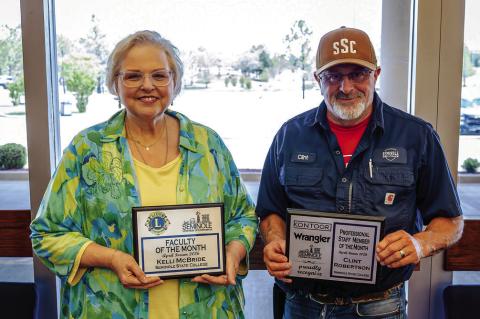 Kelli McBride, Seminole State College Language Arts and Humanities Division Chair (left), and Clint Robertson, SSC Director of Physical Plant (right), were recognized during the Seminole Chamber of Commerce Forum on April 9 as Faculty Member of the Month 