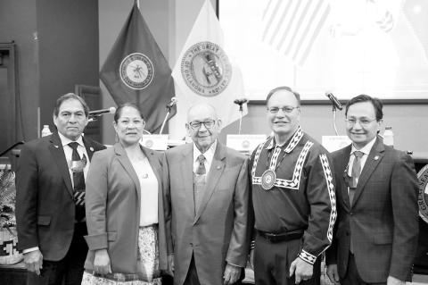 During this month’s quarterly session held at the Hard Rock Hotel &amp; Casino Tulsa, Leaders of the Inter-Tribal Council of the Five Tribes met to discuss important issues impacting tribes. From left: Muscogee Nation Principal Chief David Hill, Seminol