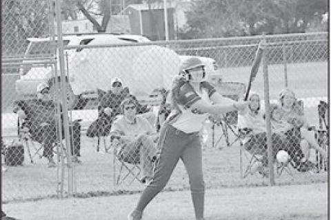 Bowlegs Lady Bison Kasin Kolander gets a hold of one against Varnum Monday. Staff Photo by Bill Anderson