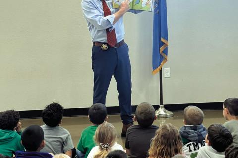 Attorney General Gentner Drummond, who is running for governor, was in Seminole Thursday, Feb. 26. His first stop was at the Betty L. Smith Early Childhood Center, where he read to kindergarteners. He then stopped by the Seminole Producer offices. —Cour