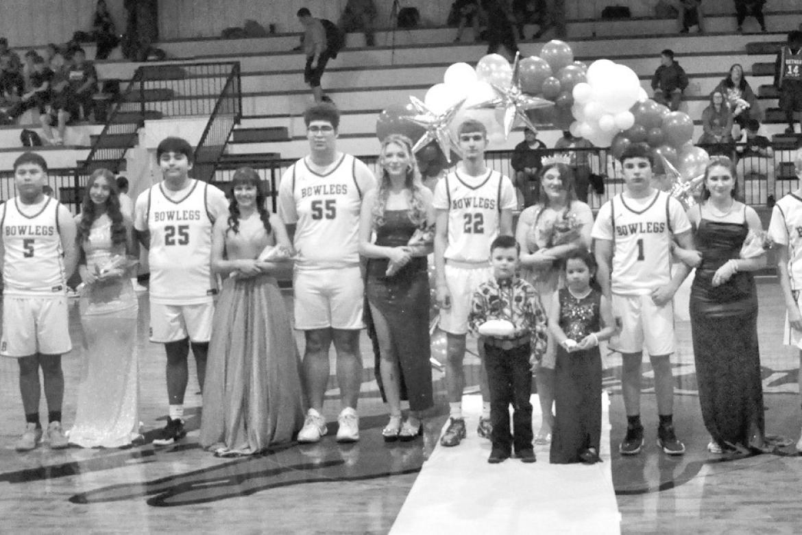Bowlegs High School celebrated its 2026 Basketball Homecoming Tuesday night. Pictured l-r are Tucker Goodnight, Kenlee Oyler, Cylas Mack, Kendall Perkins, Kingston Burgess, Marybeth Dunagan, Darius Morrison, Abby Brashears, Seth Leewright (king), Melissa 