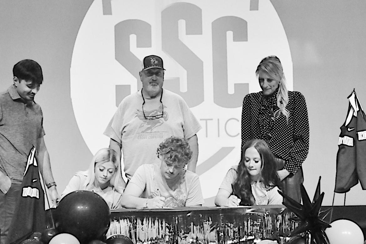 Konawa athletes sign their letter of intent to run Cross Country for Seminole State College this Fall. Athletes L – R: Taylor Pacillo, Rayden Sitton and Rebeckah Sitton. Staff Photo by Bill Anderson