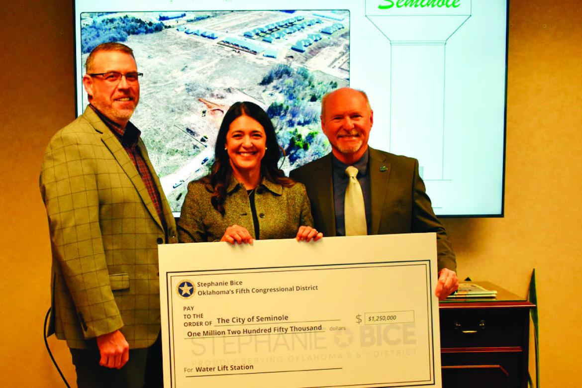 Congresswoman Stephanie Bice presents a $1.25 million check for an upgraded pump station to Seminole Mayor Cory Crabtree (left) and City Manager Steve Saxon Thursday, March 12 at the Haney Center. Bice was instrumental in getting funding appropriated thro