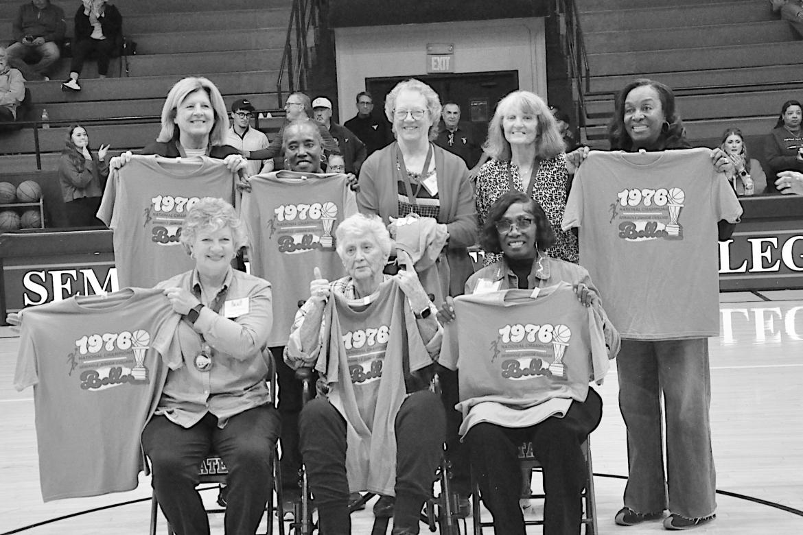 Seminole State Lady Belles 1976 Alumni attended the Monday night basketball game with Head Coach Dixie Woodall in bottom center. Staff Photo by Bill Anderson