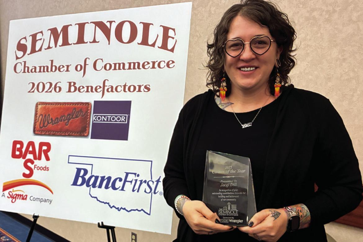 Seminole resident Jacqi Dill was honored as the “Person of The Year” at the Seminole Chamber of Commerce annual banquet held Tuesday, Feb. 24 at the Enoch Kelly Haney Center on the SSC campus. —Staff Photo by Bob Melton