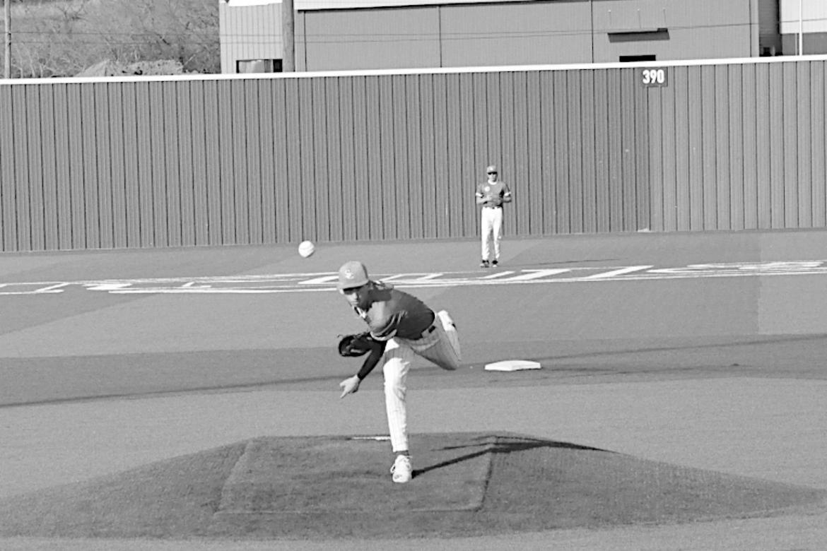 Seminole Chieftain pitcher Ethan Noey throws the fast ball to the Bristow batter. Staff Photo by Bill Anderson