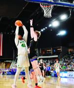 Above, below: Varnum Whippet Jon Madkin and a Glencoe defender battle for the ball underneath the basket at the OG&amp;E Coliseum Thursday evening. The Whippets defeated Glencoe 61-58. —Staff Photos by Andy Wilson